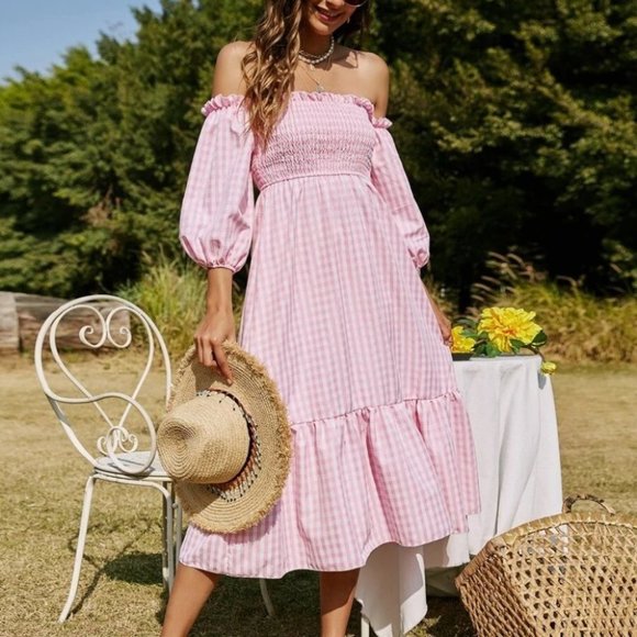 Pink Gingham Off Shoulder Dress - Picture 1 of 8